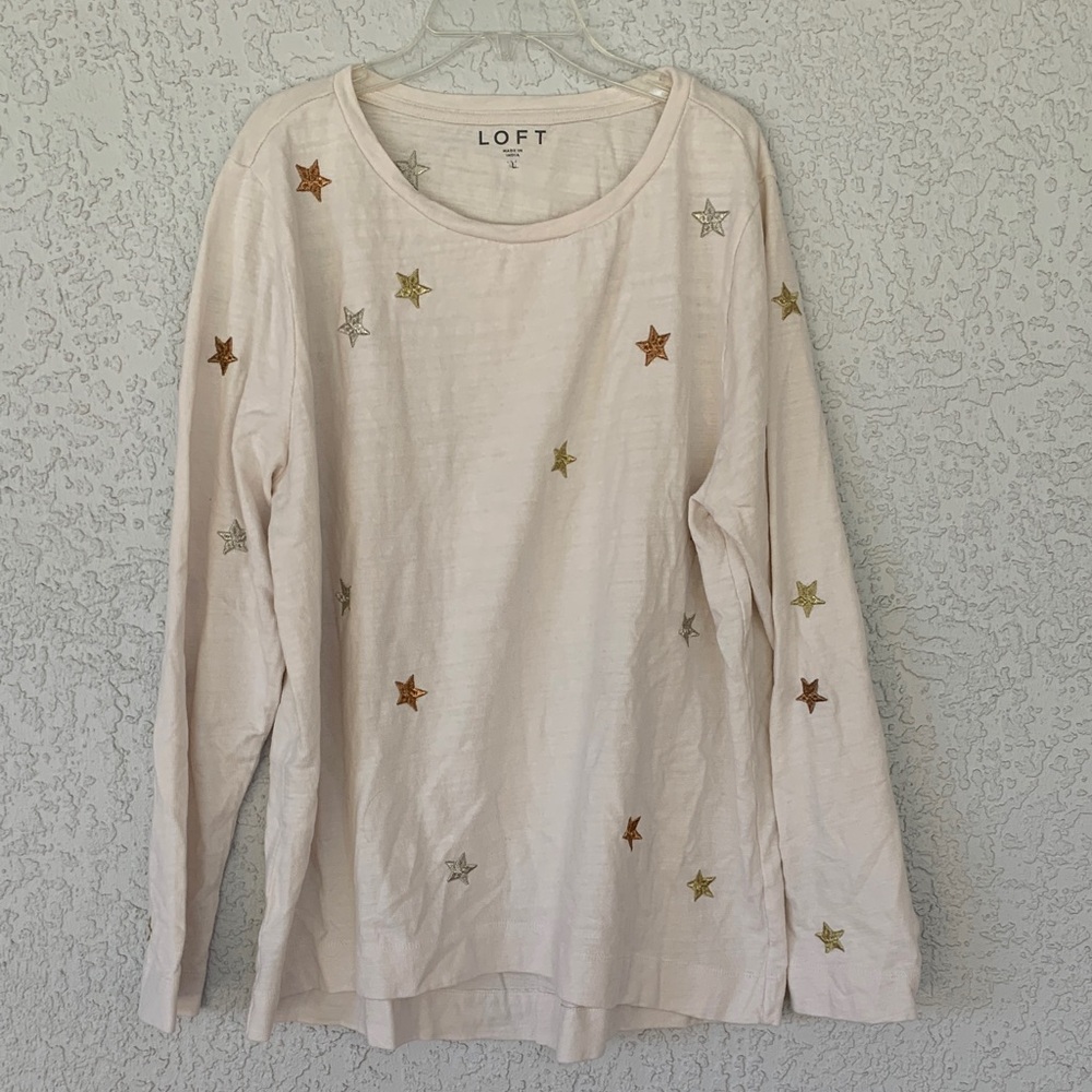 LOFT Ivory Long Sleeve with Star Accents lightweight sweater/top size L